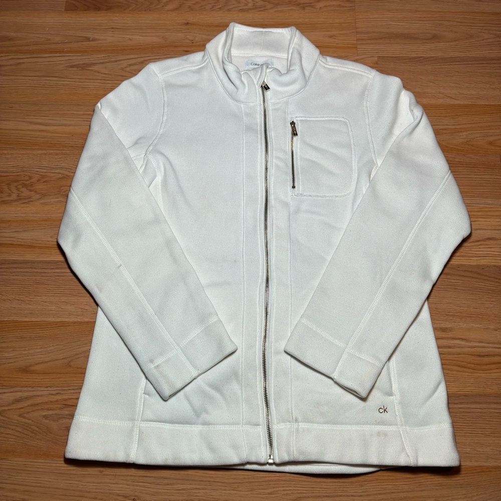 Calvin Klein Sweater Womens Medium White Jacket Full Zip Gold Zipper Logo Fitted